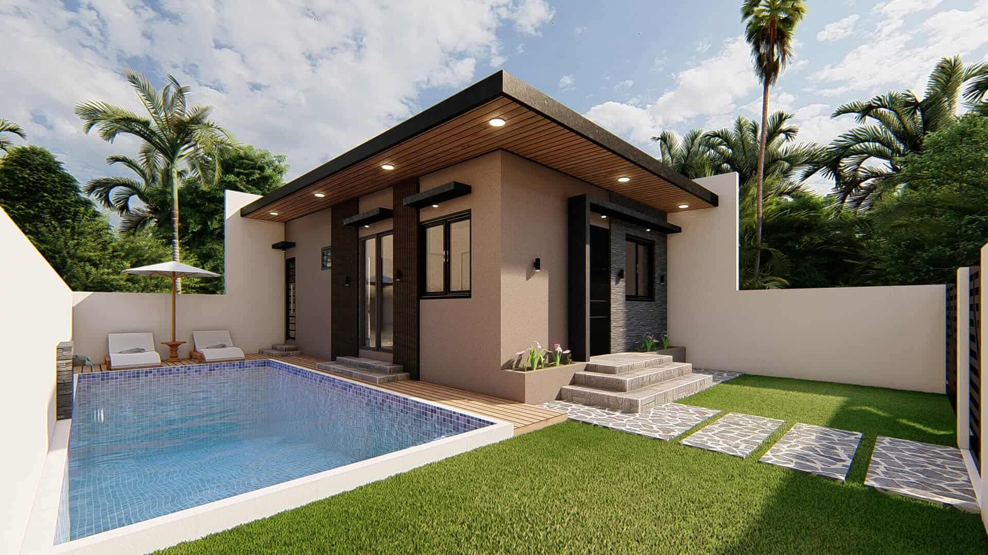 Bungalow with swimming pool, timber deck and landscaped lawn