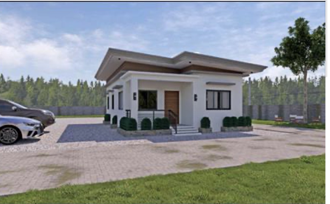 Single-storey bungalow with landscaped paved driveway