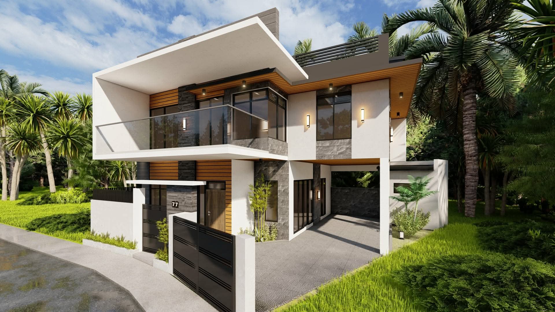 Two-storey modern residence with glass balcony and carport