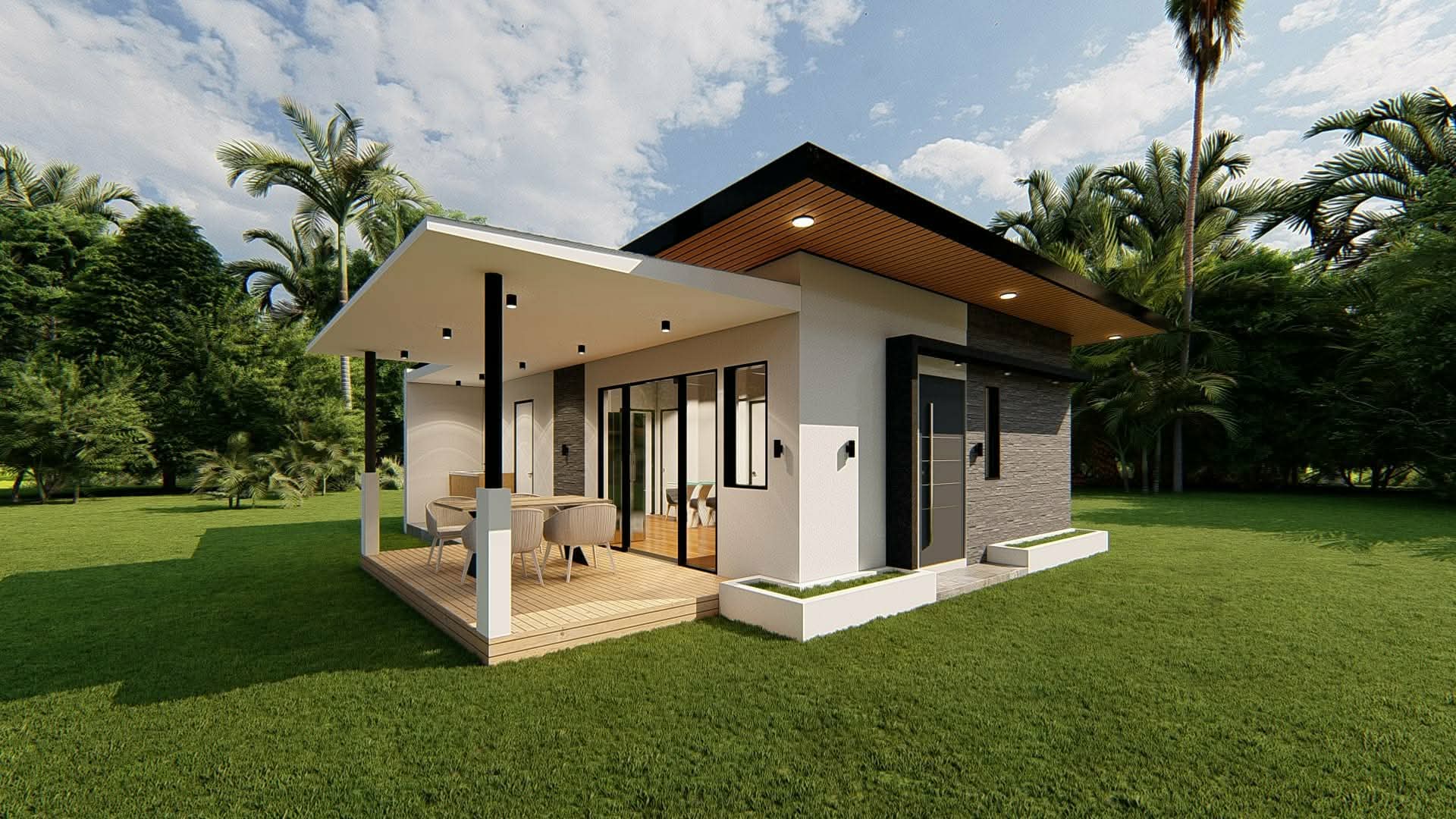Modern single-storey home with wood-lined soffit and outdoor timber deck