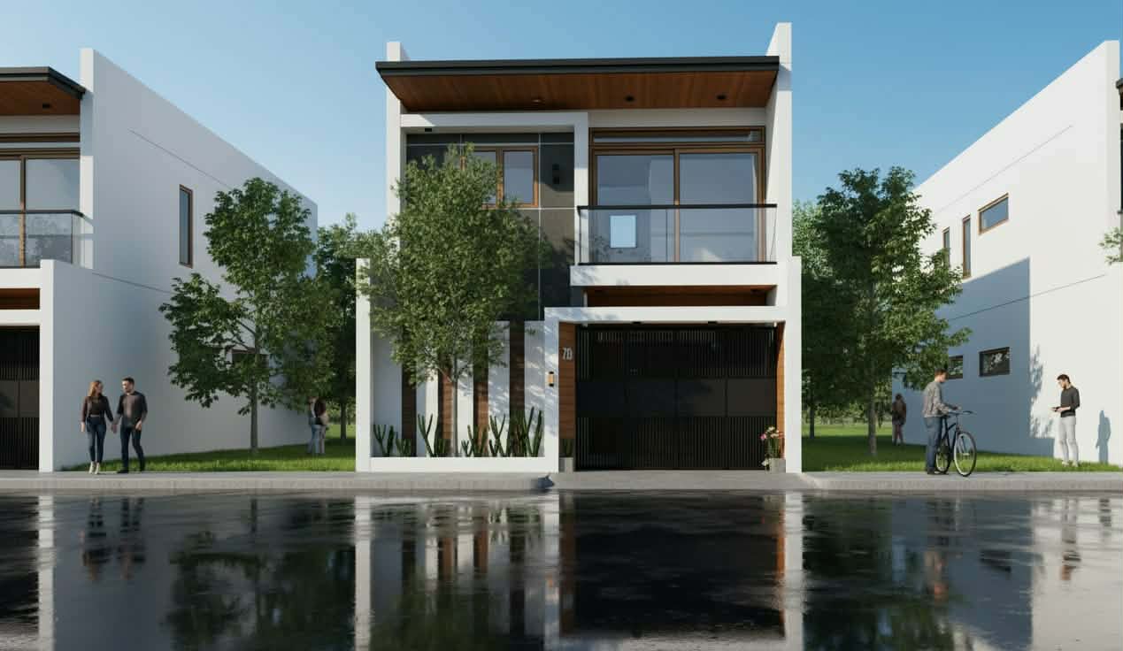 Compact two-storey townhouse facade along a residential street